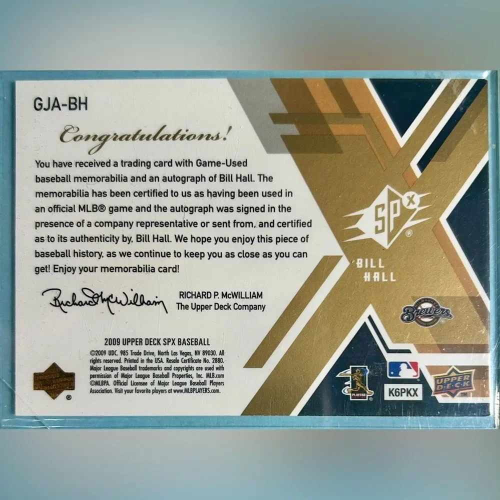 Milwaukee Brewers ,Bill Hall 2009 UD SPX -Game Jersey Autograph Card #GJA-BH